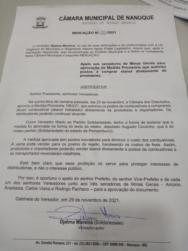 VEREADOR DE NANUQUE-MG PROPÕE LIGÍSTICA PARA REDUZIR PREÇO DO ETANOL