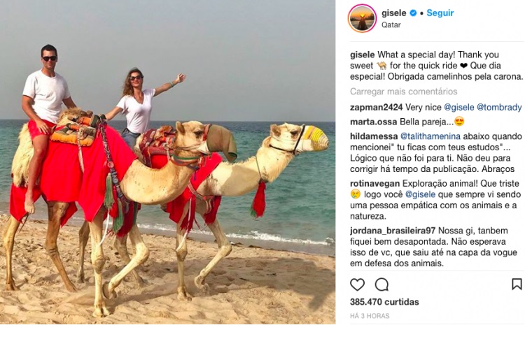 Gisele Bündchen recebe inúmeras críticas por foto em cima de camelo no Qatar
