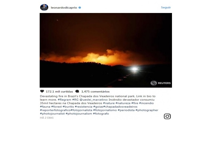 Leonardo DiCaprio lamenta fogo na Chapada dos Veadeiros: 'Devastador'